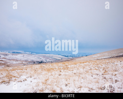 Schneefall auf Chagford Common im Dartmoor National Park in der Nähe der Post Bridge, England. Stockfoto