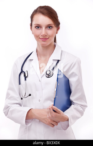 Porträt einer Frau in medizinischen Uniform. Isoliert auf einem weißen. Stockfoto