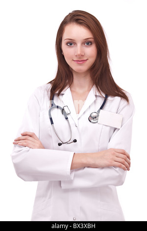 Porträt von positiven junge Ärztin (Frau). Isoliert auf weißem Hintergrund. Stockfoto