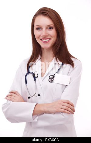 Porträt von positiven junge Ärztin (Frau). Isoliert auf weißem Hintergrund. Stockfoto