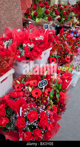 Rote Rosen und andere rot gefärbte Schnittblumen auf Verkauf in London, UK Stockfoto