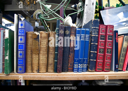 Paris, Frankreich, Shopping, Flohmarkt, Porte de Clignancourt, Antiquitätenmarkt, alte Bücher-Shop-Display Stockfoto