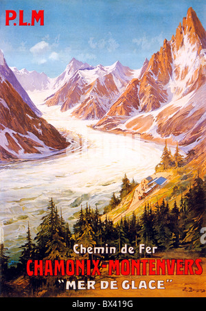 Chamonix-Montenvers-Bahn, 1909-Plakat für die neue Bahn auf den Gletscher Mer de Glace unter Mont Blanc in den französischen Alpen Stockfoto