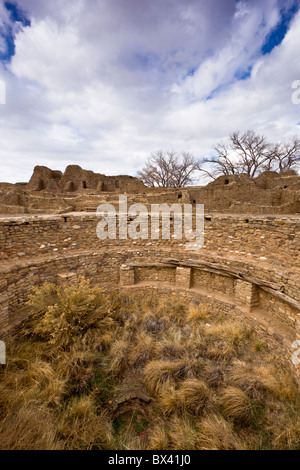 Native American zeremonielle Kiva, kreisförmigen Grube Kammer verwendet für Zeremonien, im Aztec Ruins National Monument in New Mexico, USA. Stockfoto