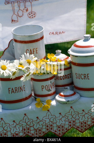 Nahaufnahme von weißen Margeriten und gelbe Butterblumen in weiß + rote französische Emaille Speicher Dosen Stockfoto