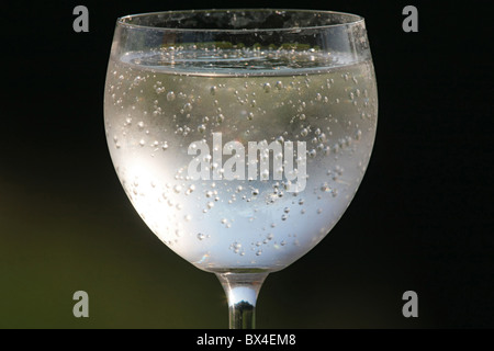 Fragment aus Glas gefüllt mit prickelndes Getränk in der Natur. Stockfoto