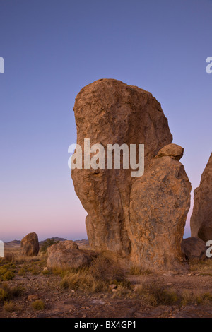 30 Millionen Jahren aus vulkanischer Asche gebildet dominieren vor, einzigartige monolithischen Felsformationen den City of Rocks State Park-Campingplatz in New Mexico, USA. Stockfoto