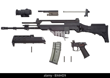 Erweiterte automatische Waffe G36 in der Bewaffnung der NATO und der deutschen Armee. Stockfoto