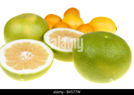 Große grüne Grapefruit, Zitronen und Mandarinen Nahaufnahme auf weißem Hintergrund Stockfoto