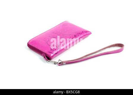Glänzend Rosa Leder-Etui für Handy isoliert auf weißem Hintergrund. Stockfoto