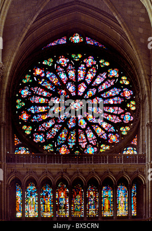 Der Süden Rose Glasfenster der Kathedrale von Notre Dame de Paris war ein Geschenk von König Saint Louis. Stockfoto