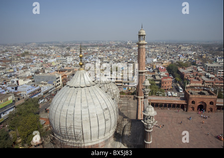 Die Aussicht vom Minarett der Kuppel auf die Jami Masjid Moschee in Old Dehli, Indien, Asien Stockfoto