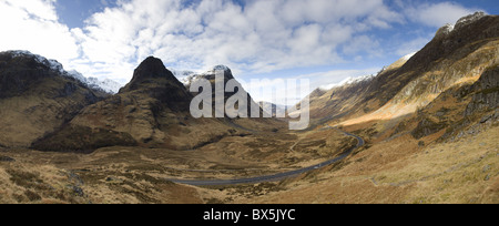 Panoramablick von Glencoe, in der Nähe von Fort William, Highland, Schottland, Vereinigtes Königreich Stockfoto