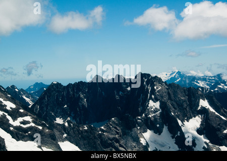 Südalpen, Arial Fotografie zum Milford Sound, Täler, schneebedeckte Berge, Souther Island Neuseeland Stockfoto