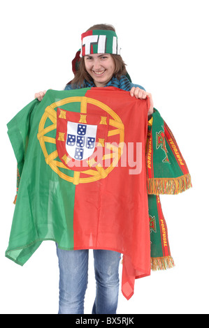 Frau-Portugal Fußball-Fan, isoliert auf weißem Hintergrund Stockfoto