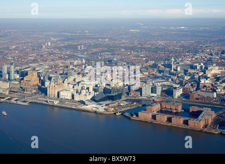 Liverpool Waterfront und den Fluss Mersey, aus der Luft, North West England Stockfoto