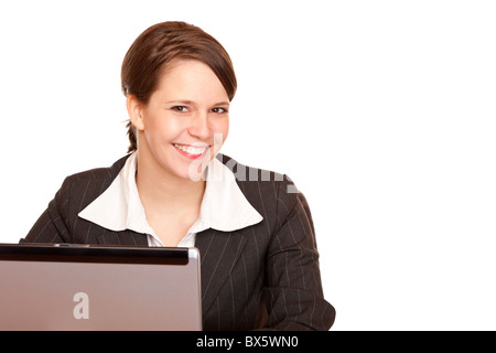 Junges Unternehmen Frau glücklich im Büro und arbeiten am computer Stockfoto