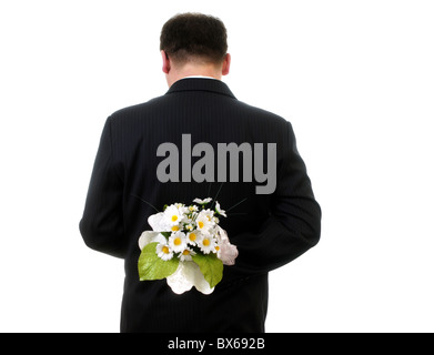 Mann Hand Ower weiße Blumen isoliert auf weißem Hintergrund Stockfoto