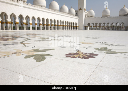 Farbige Blumen Marmor und Mosaiken, die als Pflaster im Hof von 17.000 Quadratmetern, Scheich-Zayid-Moschee, Abu Dhabi, Vereinigte Arabische Emirate Stockfoto