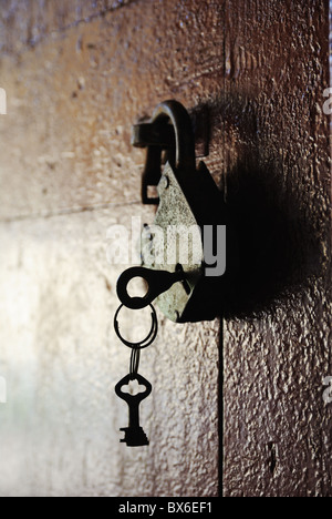 Rusty Padlock mit Schlüssel auf einer alten Schuppen-Tür Stockfoto