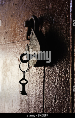 Rusty Padlock mit Schlüssel auf einer alten Schuppen-Tür Stockfoto