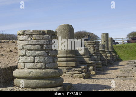 Spalte Basen am Eingang der Getreidespeicher, die römische Stadt bei Corbridge, UNESCO-Weltkulturerbe, Northumbria, UK Stockfoto