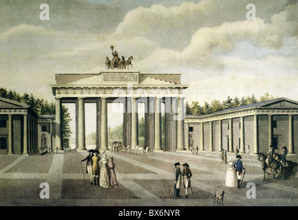 Geographie / Reisen, Deutschland, Berlin, Brandenburger Tor und Pariser Platz, Kolorierte Lithographie, um 1800, Additional-Rights-Clearences-not available Stockfoto