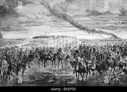 Österreichisch-preußischer Krieg 1866, Schlacht bei Königsgraetz, 3.6.1866, Kronprinz Friedrich Wilhelm von Preußen wird mit dem Pour le Merite ausgezeichnet, Holzstich nach Zeichnung von Friedrich Schulz, 19. Jahrhundert, König Wilhelm I., Kaiser, Friedrich III, Wilhelm, Böhmen, Tschechien, Preußen, Hradec Kralove, Sadowa, Medaille, historisch, historisch, Königgratz, Königgrätz, Volk, nicht-Zusatzrechte-Clearences Stockfoto