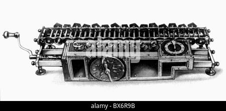 Leibz, Herr Dr. Wilhelm, 1.7.1646 - 14.11.1716, deutscher Philosoph, Politiker, seine Rechenmaschine, Stockfoto