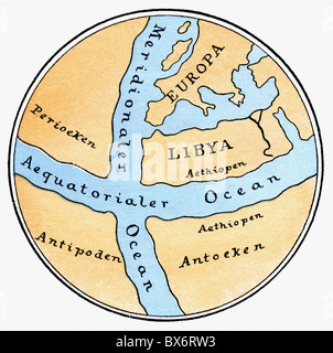 Kartographie, Weltkarte, Karte nach Krates von Mallos, 2. Jahrhundert, BC, Rekonstruktion, Deutschland, 19. Jahrhundert, Antike Welt, Antike, Erde, Europa, Afrika, Libyen, Äthiopien, Perioeci, Antipoden, Antoici, Äquatorialmeer, Meridionaler Ozean, Meer, historisch, historisch, antike Welt, Zusatzrechte-Clearences-nicht vorhanden Stockfoto