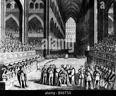 Georg IV., 12.8.1762 - 26.6.1830, König von Großbritannien 29.1.1820 - 26.6.1830, Krönung, Westminster Cathedral, 19.7.1821, zeitgenössischer Kupferstich,, Artist's Urheberrecht nicht gelöscht werden Stockfoto