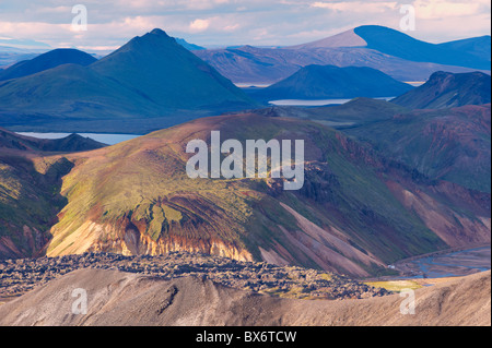 Lavafeld Laugahraun gesehen von den Hängen des Blahnukur, Gebiet von Landmannalaugar, Fjallabak Region, Island, Europa Stockfoto