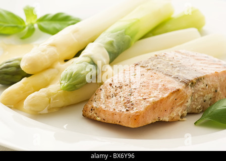 Grünen und weißen Spargel mit Wildlachs als Nahaufnahme auf einer Platte Stockfoto