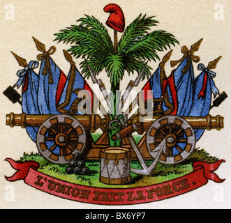 Heraldy, Wappen, Haiti, Staatswappen, Farblithographie, Meyers Enzyklopädie, 1908, Additional-Rights-Clearences-not available Stockfoto