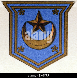 Heraldy, Wappen, Malaysia, Johor, Staatswappen, Farblithographie, Meyers Enzyklopädie, 1908, Zusatz-Rechte-Clearences-nicht vorhanden Stockfoto