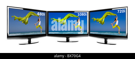 Vergleich zwischen 3 TV parallel zeigt das gleiche Bild in verschiedenen Auflösungen Stockfoto