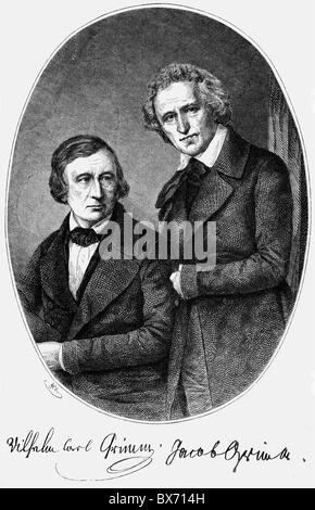 Grimm, Wilhelm, 24.2.815 - 16.12.1859, deutscher Autor/Schriftsteller und Sprachwissenschaftler, halbe Länge, mit seinem Bruder Jacob, Holzgravur, 19. Jahrhundert, Stockfoto