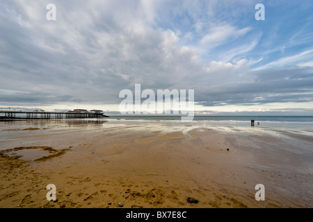 Ein paar Fuß ihren Hund auf einer ansonsten leeren Strand in der Nähe von Cromer Pier, Norfolk, Großbritannien Stockfoto