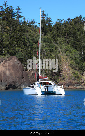 Catamran verankert neben einer tropischen Insel. Stockfoto