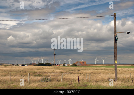 Windturbinen Sie Bauernhof-in Camber, Romney Marsh, Kent. Stockfoto