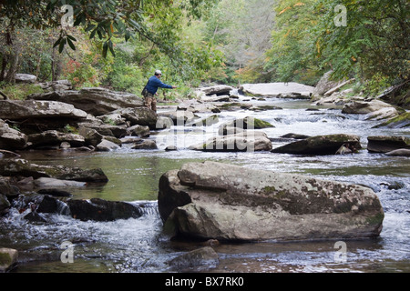 Einsamer Fliegenfischer am Oconaluftee River in der Nähe von Cherokee, North Carolina, USA Stockfoto