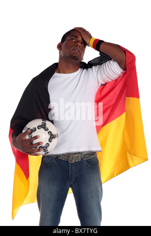 Eine frustrierte deutsche Fußball Fan. Alle auf weißem Hintergrund. Stockfoto