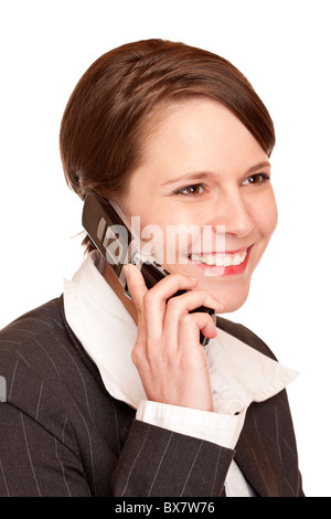 Junge attraktive Frau Gespräche am Telefon. Isoliert auf weißem Hintergrund. Stockfoto