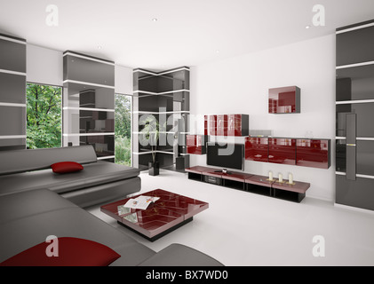 Modernes Wohnzimmer mit rot schwarzen Sofatisch und LCD innen 3d render Stockfoto