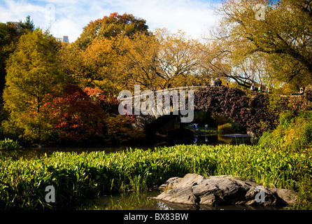 Herbstfarben und Gapstow Brücke im Central Park in New York City. Stockfoto