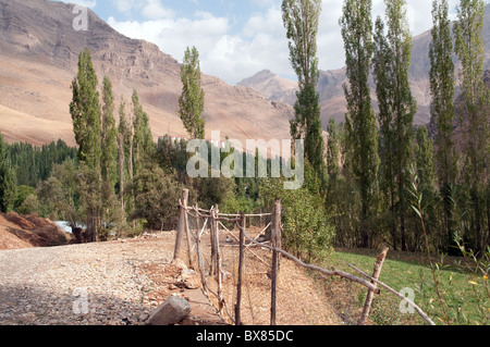 Ein Schotterweg schlängelt sich durch Weideland am Rande des türkischen Dorfes Bahcesaray in der östlichen Anatolienregion der Türkei. Stockfoto