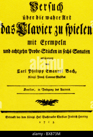 Bach, Carl Philipp Emanuel, 8.3.1714 - 14.12.1978, deutscher Komponist, Werke, "Verso ueber die wahre Art das Klavier zu spielen", Titel, gedruckt von Christian Friedrich Henning, Berlin, 1753, Stockfoto