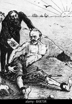 Dreyfus, Alfred, 9.10.1859 - 11.7.1935, französischer Militäroffizier, Inhaftierung, der deportierte Dreyfus wird auf einer Fotografie seiner Familie gezeigt, Zeichnung, 1897, Stockfoto