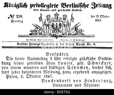 Hindenburgs und Beneckendorff, Paul von, 2.10.1847 - , Stockfoto