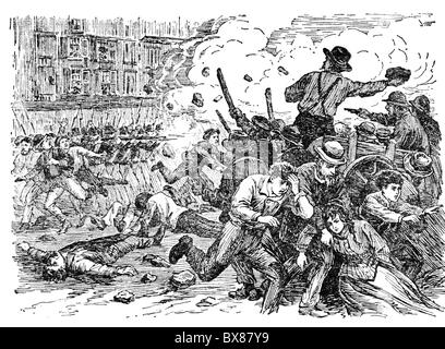 Geographie / Reisen, USA, Politik, großer Eisenbahnstreik 1877, Kampf zwischen streikenden Arbeitern und der Maryland State Miliz, Baltimore, 20.7.1877, sowjetischer Holzstich, 20. Jahrhundert, Menschen, Arbeiter, Arbeiterbewegung, Arbeiter, Arbeiter, Militär, Nationalgarde, 19. Jahrhundert, Nordamerika, historisch, historisch, Zusatzrechte-Clearences-nicht vorhanden Stockfoto